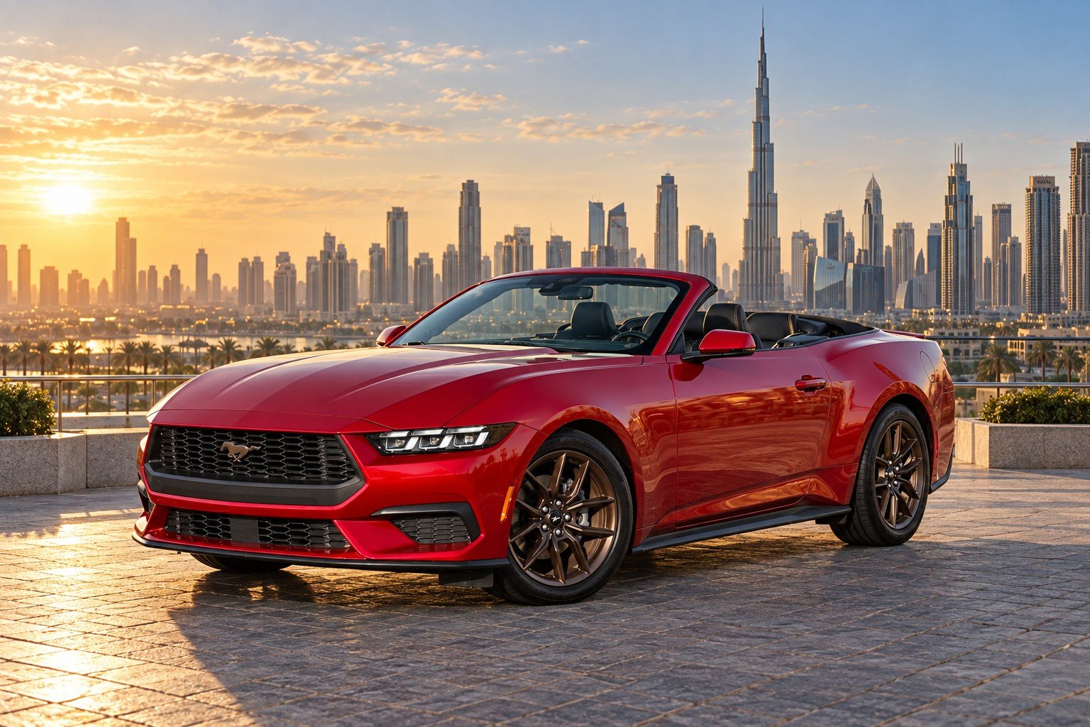 Red Ford Mustang convertible in Dubai — view three photos